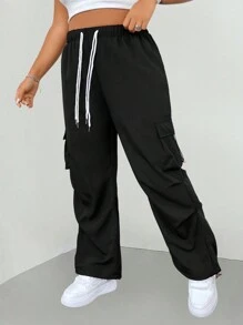 Calvaya Plus Size Women's Parachute Cargo Trousers - Black - View 3