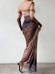 Chiquease Gradient Color Round Neck Pleated Long Sleeve Dress Maxi Women Outfit Fall Cloth For Women - Coffee Brown - View 2