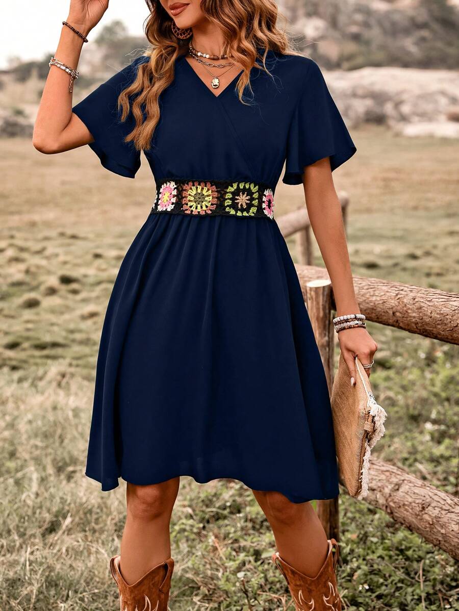 Breezaya Women's Short Sleeve Lotus Leaf Hem Floral Pattern Dress Vacation Beach Outfit - Navy Blue - View 1