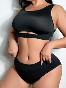 2pcs/Set Women's Plus Size Wireless Seamless Bra And Panties Set In Solid Color - Black - View 4