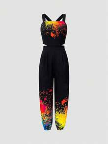 1入女式時尚墨點印花連身褲，後背綁帶設計並帶有束口腳口 - 黑色 - 查看 3