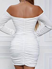INAWLY 女式春夏纯色露肩长袖褶饰短款紧身连衣裙 - 白色 - 查看 2