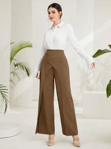 Seusyu Women's Fashionable Solid Color Elegant Asymmetrical Cut Wide Leg Pants Fall Cloth For Women - Coffee Brown - View 4