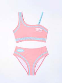 Teen Girl 2 chiếc cổ áo bất đối xứng in chữ thể thao Bộ bikini đi biển mùa hè - Nhiều màu - Xem 3