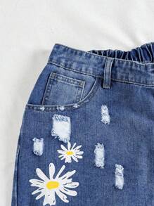 Vaqueros Rasgados Con Estampado De Margaritas De Talla Grande Para Mujer