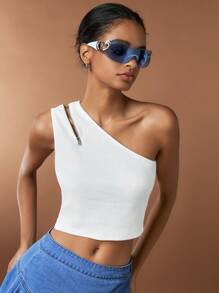 Forever 21 Áo croptop trắng lệch vai có khóa kéo - trắng - Xem 4