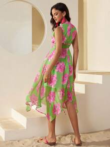 GENKIRA Women's Random Floral Print Asymmetrical Hem Sleeveless Dress For Summer - Multicolor - View 3
