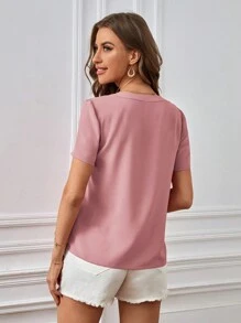 SHEIN Clasi Solid Color Notch Neck Button Detail Short Sleeve Shirt - Pink - View 2