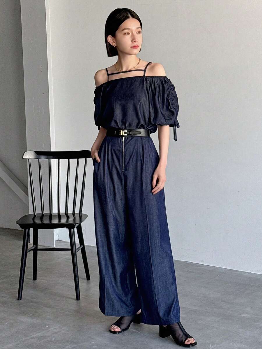 FRIFUL Ladies' Solid Color Drawstring Off-Shoulder Top And Long Pants Two Pieces Set, Suitable For Summer, Ruffle Lounge Sets For Women - Blue - View 1
