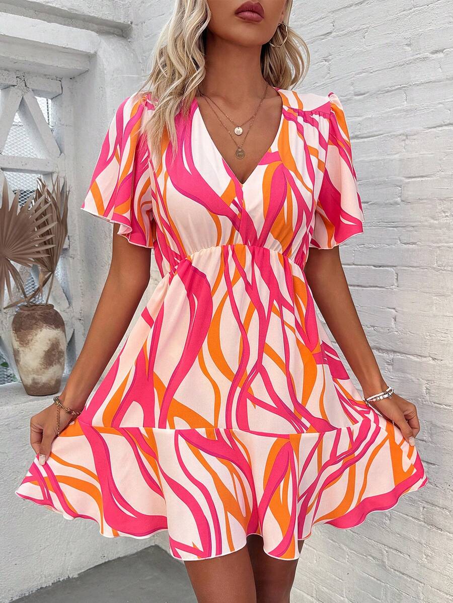 Breezaya In hoa Cổ chữ V Xù Hoa Sen Ngắn tay Đầm - Hồng - Xem 1