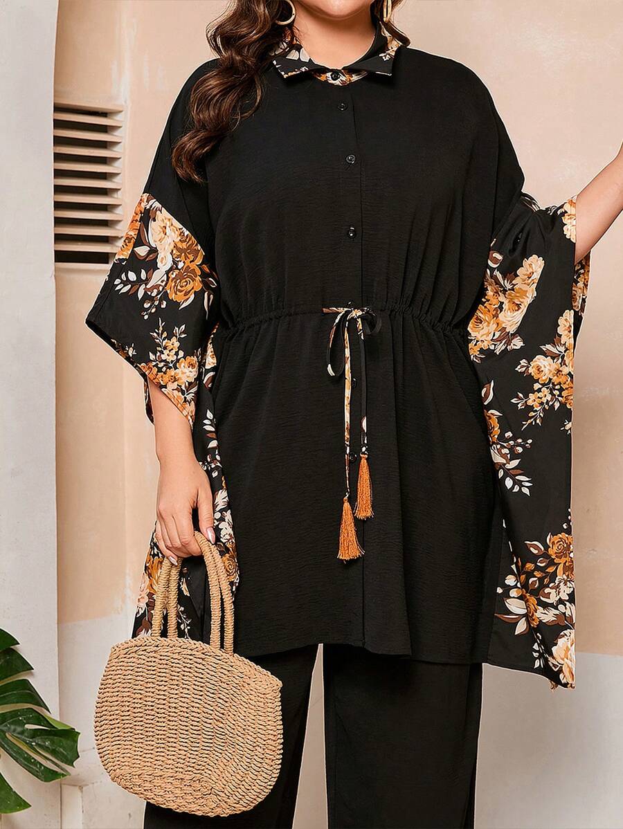 Mulvari 大碼花卉印花蝙蝠袖束腰上衣和長褲套裝 - 藏蓝色 - 查看 1