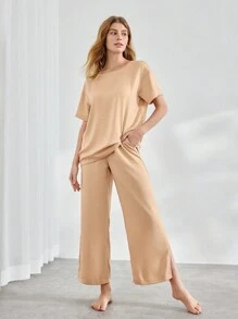 Ocili Leisure Women's Solid Color Drop Shoulder Short Sleeve Homewear Set