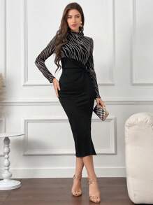 Modelyn Vrouwen Modieuze En Elegante Staande Kraag Lange Mouw Taille-Strakke Split Jurk Maxi Vrouwen Outfit Lange Avondjurken