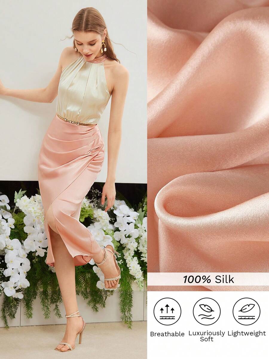 MOTF PREMIUM SILK TWO TONE WRAP RUCHED HALTER NECK DRESS