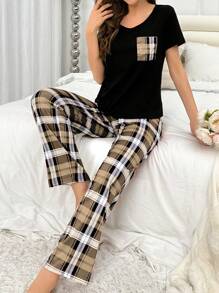 SHEIN Conjunto De Pijama Feminino Xadrez Com Camiseta E Calça - Damasco - Visão 6