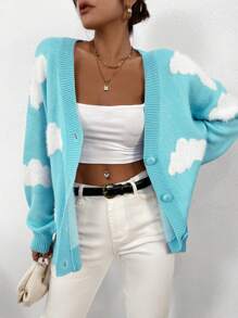 SHEIN Unity 女性可愛雲紋針織釦扣開衫 - 藍色 - 查看 3