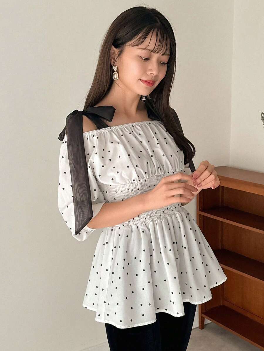 FRIFUL 波尔卡圆点拼色肩部系带腰部女式衬衫、荷叶边、娃娃装上衣 - 白色 - 查看 1