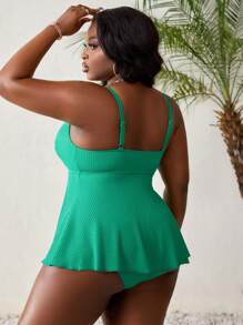 SHEIN Slayr Women's Plus Size Summer Beach Solid Textured Tankini Set - Green - View 2