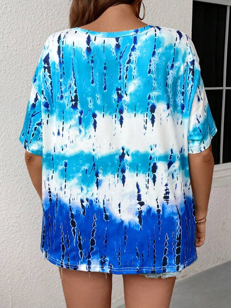 Plus Size Women's Summer Keyhole Collar Cross-Strap Tie-Dye T-Shirt