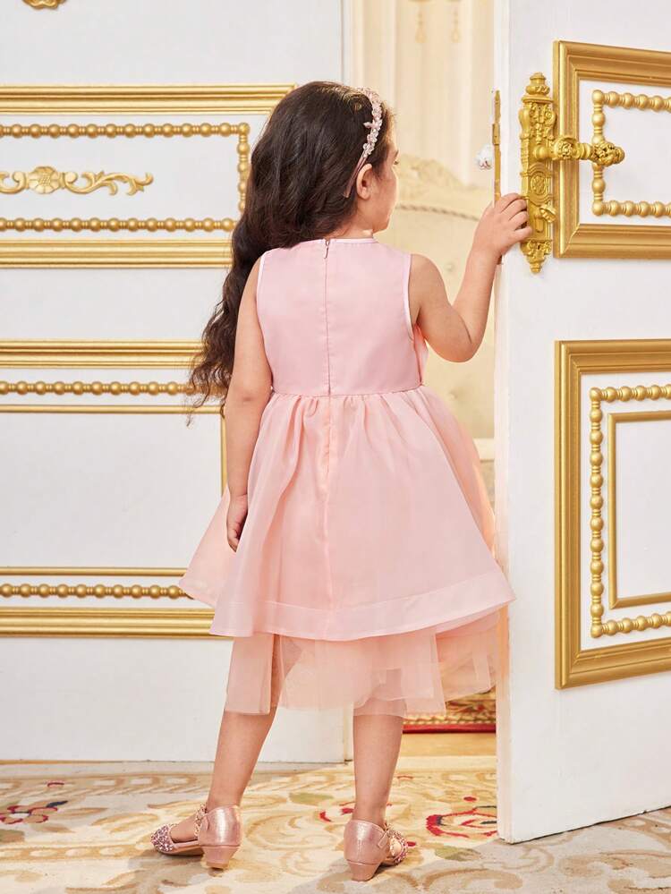 Young Girl Layered And Asymmetric Double Ruffle Sqaure Neck Sleeveless Mesh Splice Dress