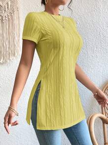 SHEIN Essnce Màu thuần Kết cấu Chi tiết Chia bên Áo thun - Màu Mù tạt vàng - Xem 5