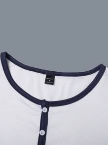Manfinity Homme Maglietta a maniche corte da uomo con collo henley, a blocchi di colore e righe, per l'estate, per uscire, per gli amici