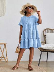 SHEIN Tween Girls' Woven Jacquard Solid Color Loose Fit Short Sleeve Dress With Ruffle Trimmed Hemline