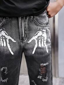 SHEIN Tween Boys' Stylish Y2K Embroidered Gradual Change Ripped Washed Loose Straight Leg Black Jeans ,For Tween Boys' Outfits - Multicolor - View 3