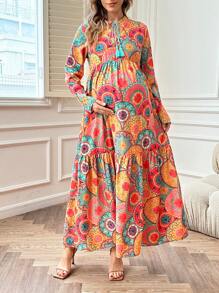 SHEIN Maternity Allover Print Long Sleeve Fringed Dress, Suitable For Spring And Summer - Multicolor - View 4