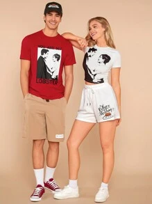 FRIENDS X SHEIN Ensemble t-shirt casual et shorts d'été avec imprimé portrait pour homme