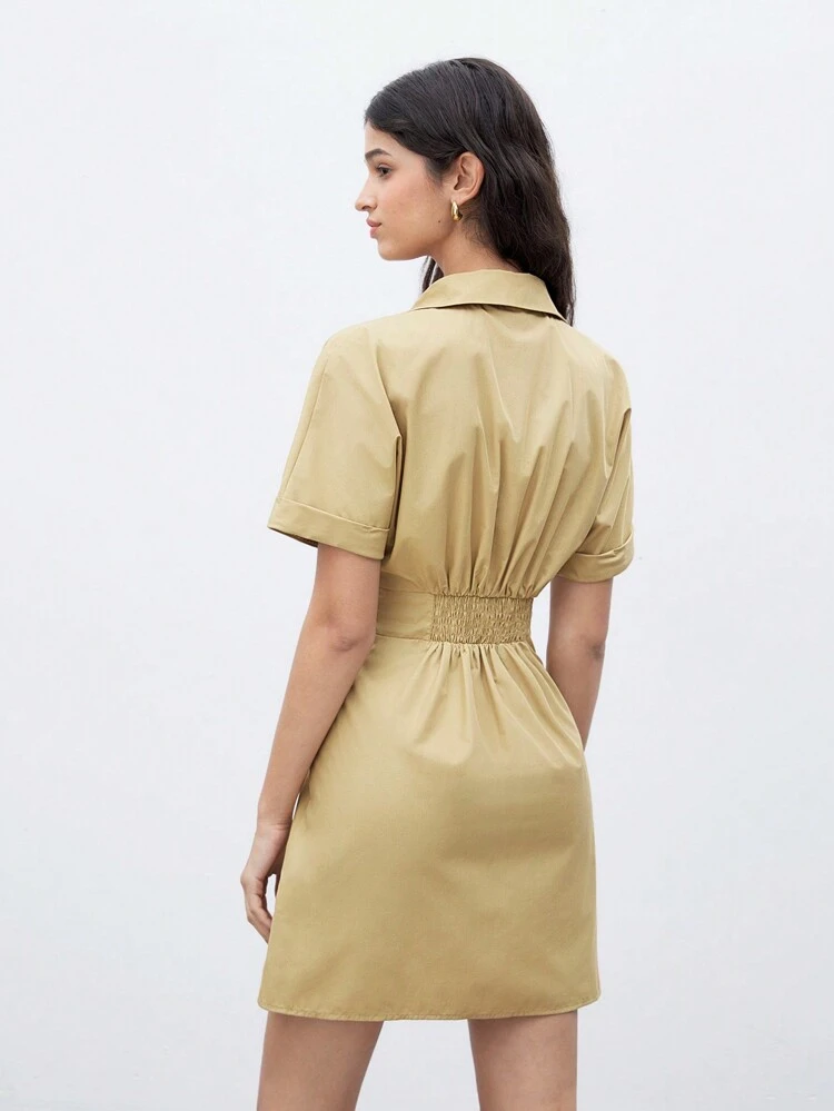 Women's Solid Color V-Neck Wrap Belt Waist Pleated Dress