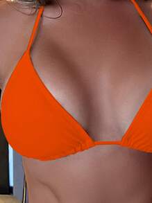 SHEIN Swim Women's Solid Color Halter Neck Bikini Top, Suitable For Summer, Beach, Swimming Pool - Coral Orange - View 3