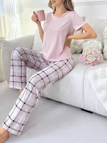Women's Solid Color Round Neck Short Sleeve T-Shirt And Plaid Long Pants PJ Set / Pajama Set, Suitable For Summer - Baby Pink - View 6