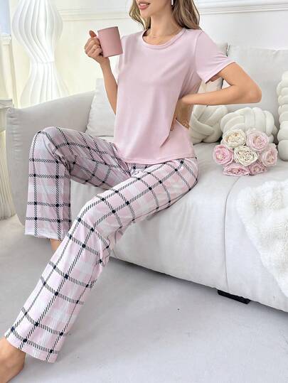 Round Neck Short Sleeve Shirt Plaid Long Pants PJ Set Pajama Set, view 6