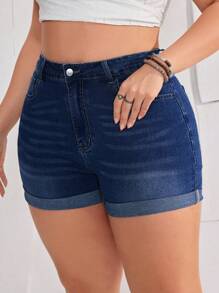 EMERY ROSE Plus Size Rolled Hem Washed Denim Shorts - Dark Wash - View 5