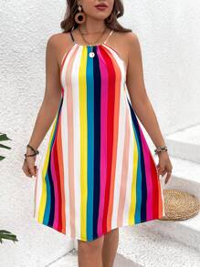 SHEIN VCAY Plus Size Rainbow Stripe Halterneck Holiday Casual Dress - Multicolor - View 1