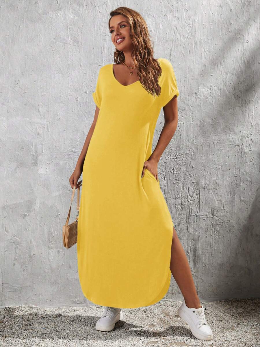 EMERY ROSE Solid Color V-Neck Loose Fit Dress With Arch Hemline - Yellow - View 1