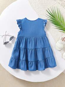 SHEIN Vestido de verano vacacional para bebé niña con hombros descubiertos y lindo estilo - Azul - Ver 2