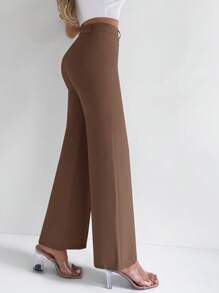 EURMUSE Pantalones de traje de cintura alta y pierna recta de unicolor y versátil - Marrón - Ver 3