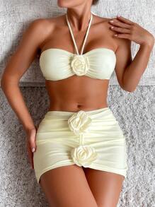 SHEIN 3pcs/Set Solid Color Halter Ruffled Bikini Top, Solid Color Triangle Bottom And Floral Cover Up Skirt Bikini Set For Summer - Yellow - View 5