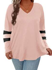 SHEIN LUNE Plus Size V-Neck Printed Casual Spring/Summer Long Sleeve T-Shirt - Baby Pink - View 5