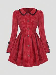 SHEIN Unity Peter Pan Collar Color Block Edging Long Sleeve Button-Front Dress - Red - View 1