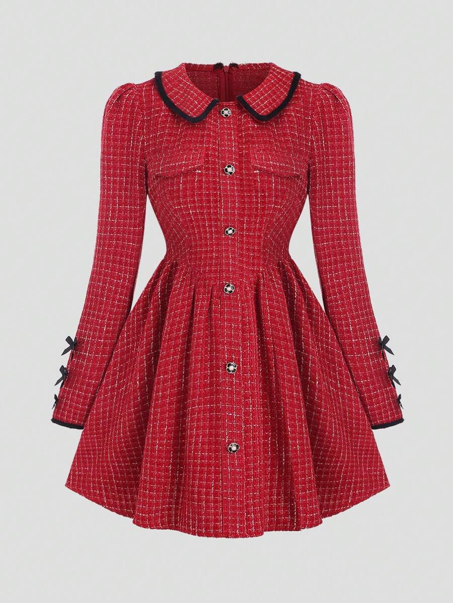 SHEIN Unity Peter Pan Collar Color Block Edging Long Sleeve Button-Front Dress - Red - View 1