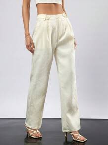 GENKIRA Pantalón recto suelto y elegante con bolsillo bordado y plisado para mujer - Albaricoque - Ver 1