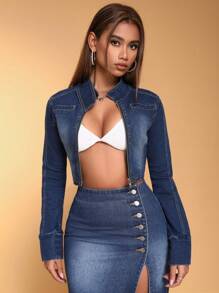 SHEIN BAE Zipper Fly Crop Denim Jacket - Blue - View 1