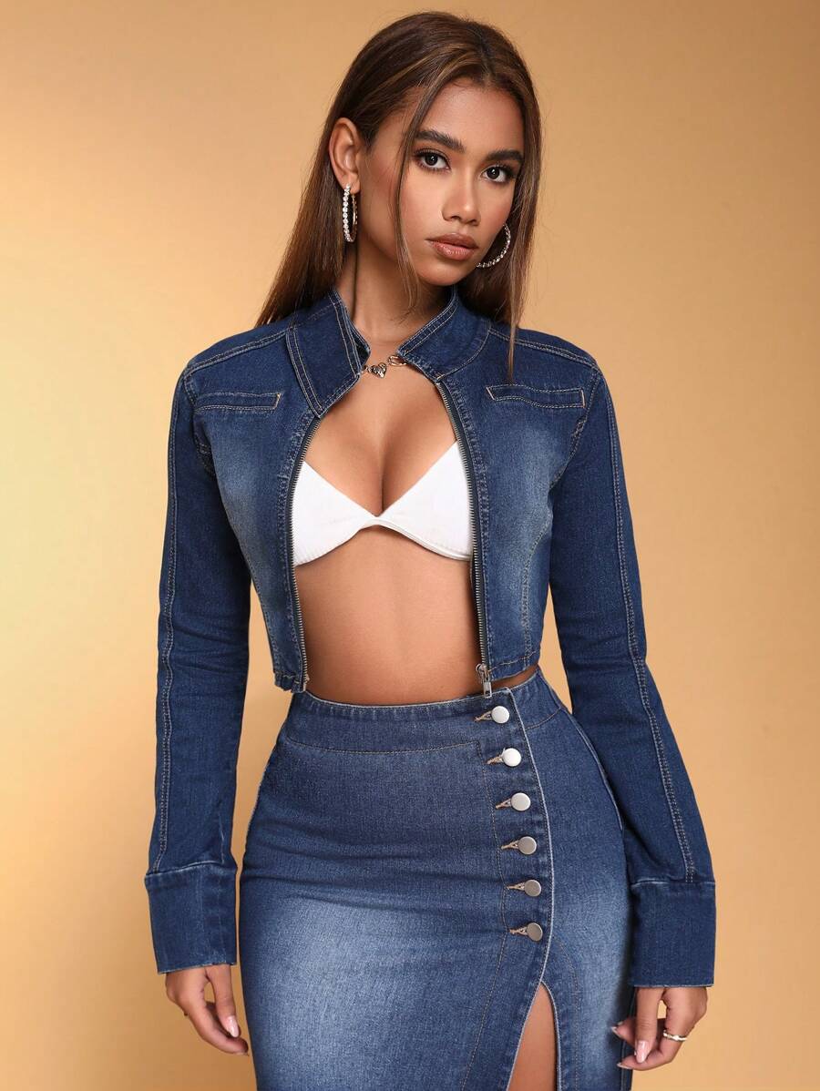SHEIN BAE Zipper Fly Crop Denim Jacket - Blue - View 1