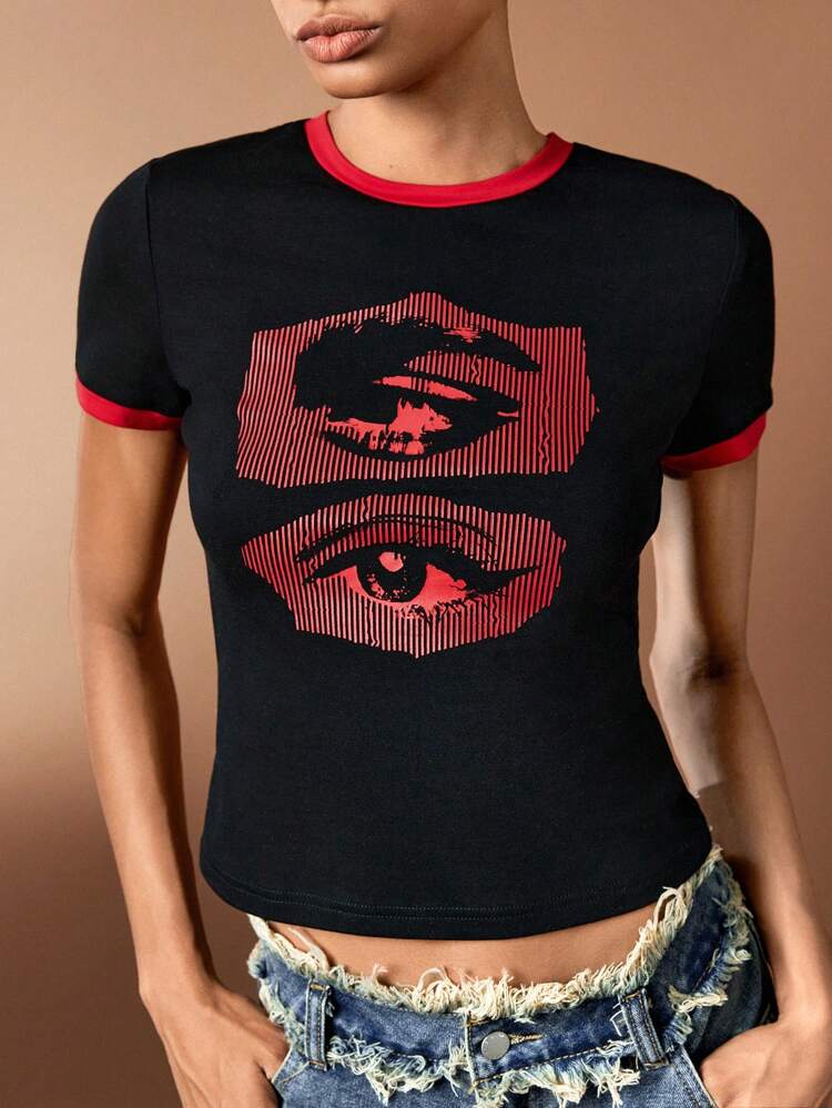 Eye Repair Print Color Contrast Patchwork Round Neck Short-Sleeved T-Shirt