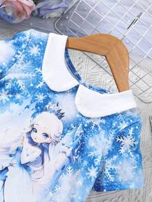 SHEIN 少女休閒雪公主印花連衣裙 - 藍色 - 查看 4