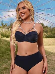 SHEIN Swim Ladies' Sparkly Shoulder Strap Swimwear Set With Underwire Summer - Black - View 5