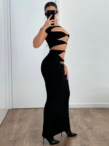 SHEIN ICON Bộ trang phục hai mảnh hở vai khoét sâu và chân váy cạp trễ thời trang mùa hè Y2K dành cho nữ - màu đen - Xem 5